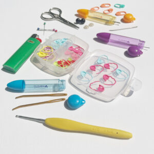 Crochet tools, crochet hook, sewing needles, scissors